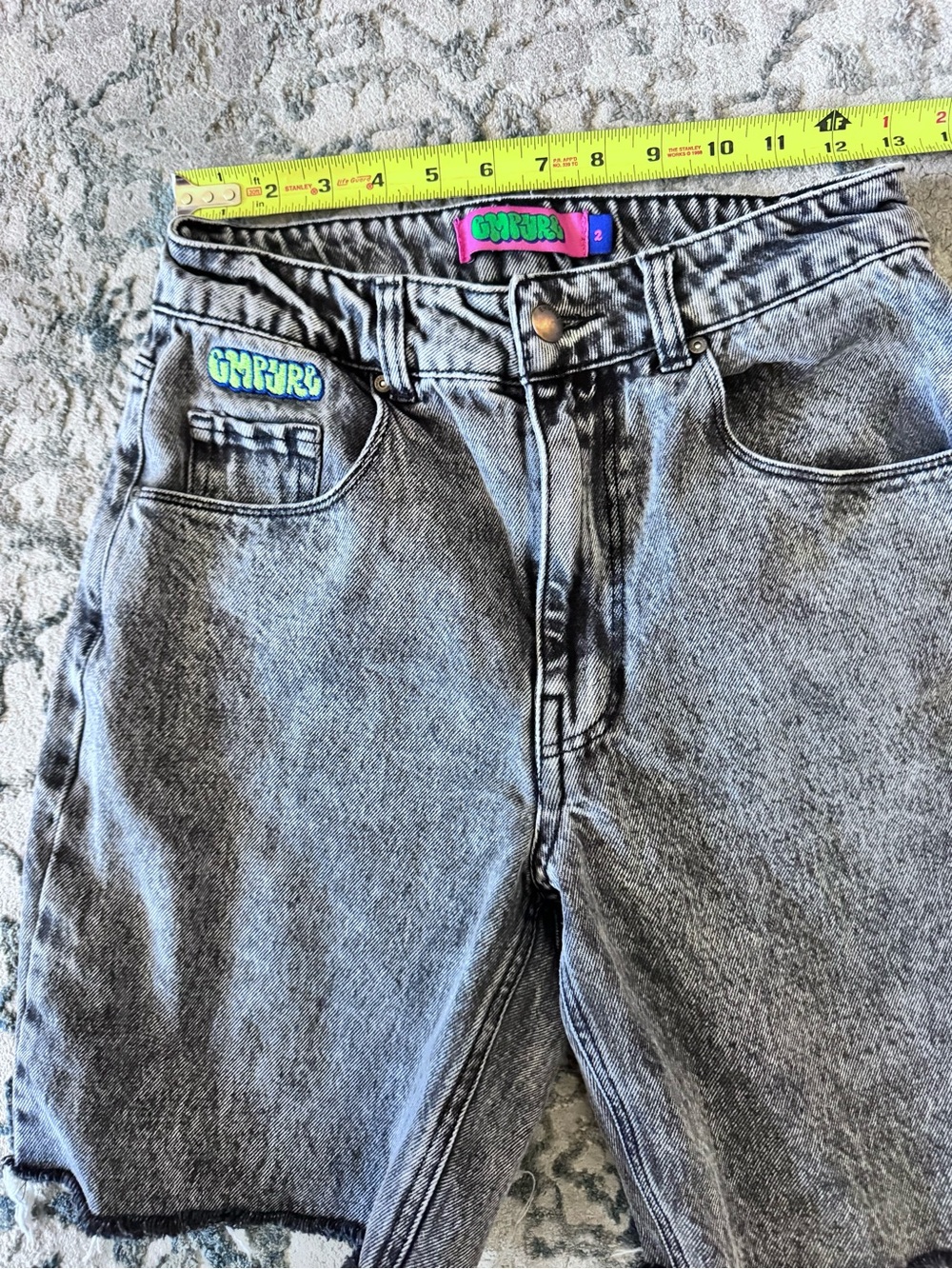 Empyre Acid Wash Denim Shorts with Pink and Teal Logo